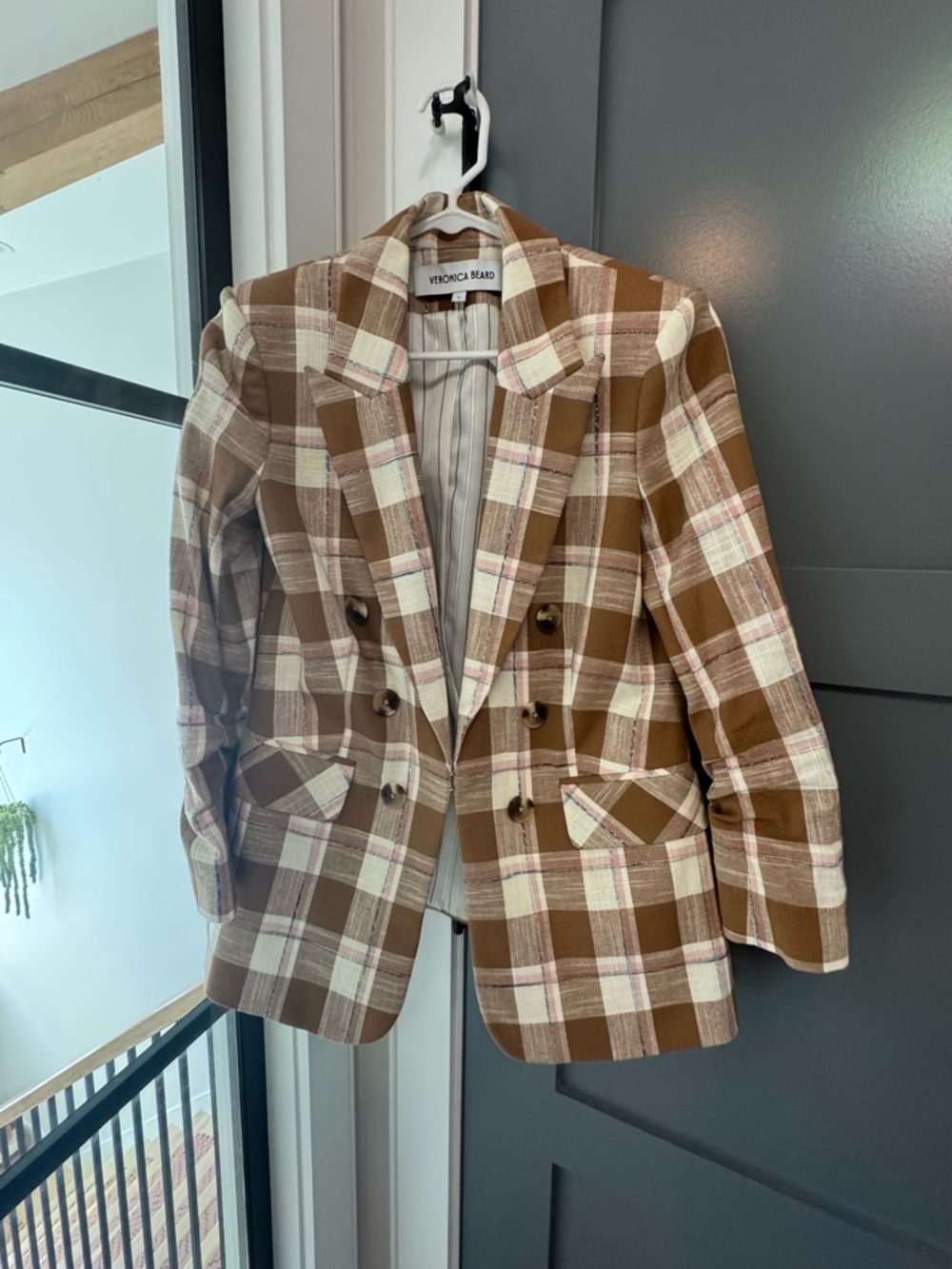 Veronica Beard Brown Plaid Double-Breasted Blazer with Cream & Pink Accents